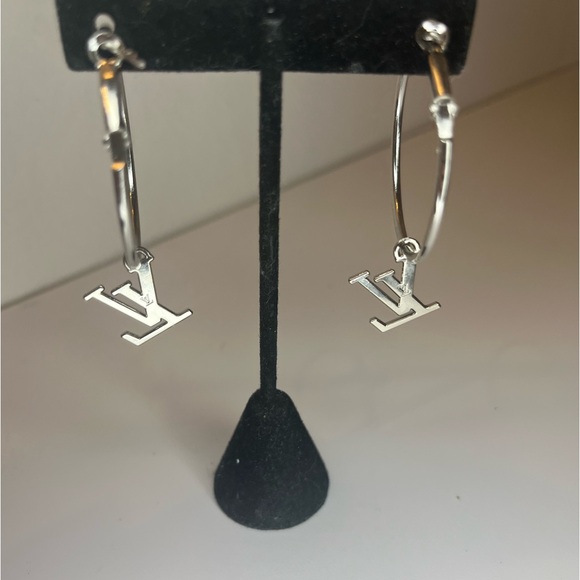 Upcycled Silver LV Louis Vuitton Stamped Charm 30mm Hoop Earrings - Picture 11 of 12